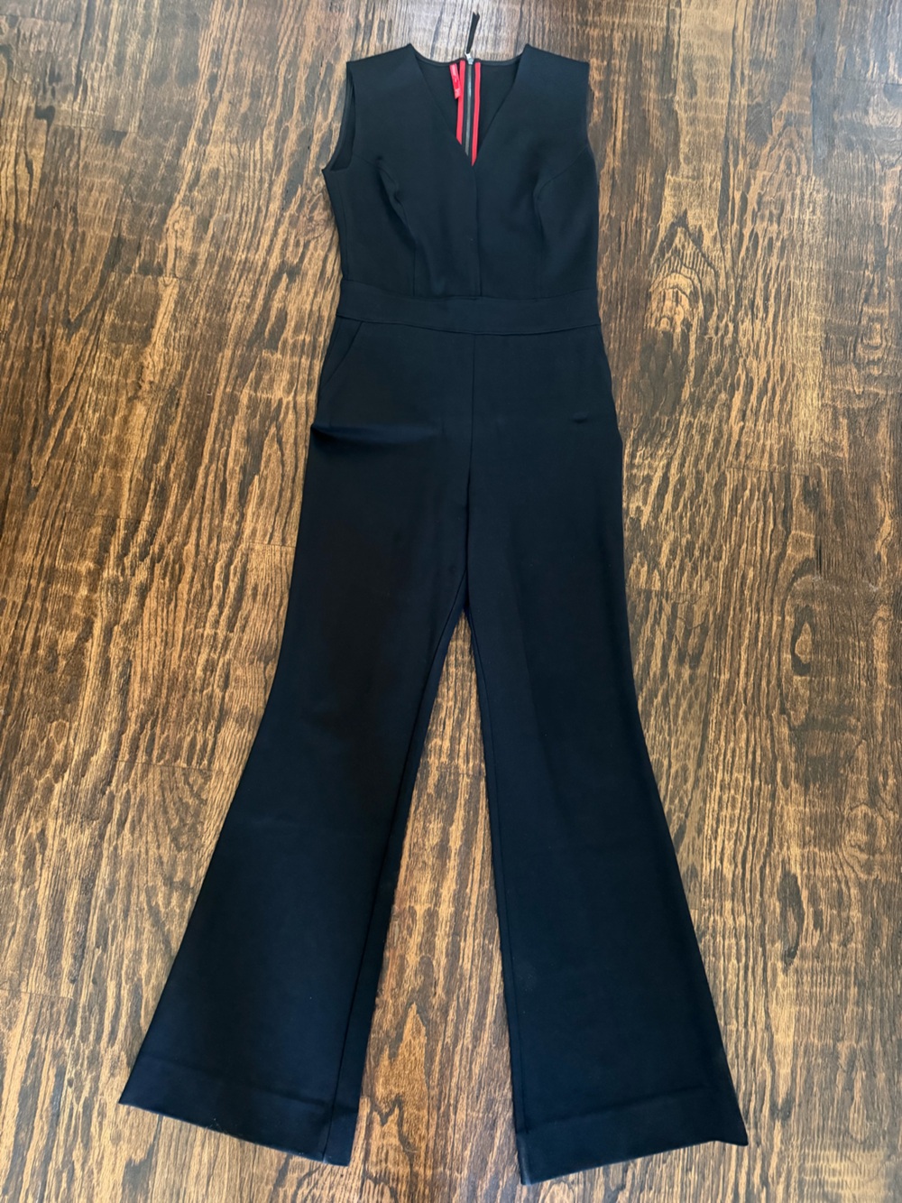 SPANX MEDIUM Black Sleeveless Flare Ponte Jumpsuit with Red Zip Detail